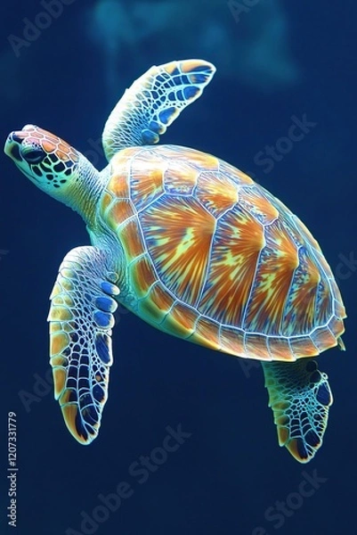 Fototapeta Vibrant Sea Turtle Underwater Graceful Swim Ocean Life Nature Wildlife Aquatic Animal Beauty Shell Pattern Color