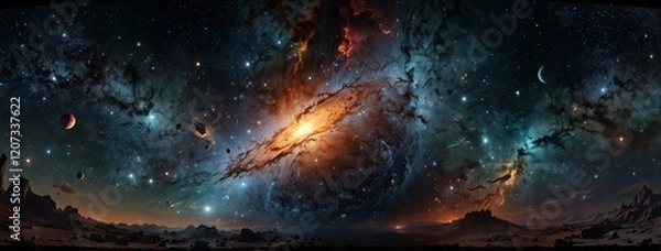 Obraz A mesmerizing HDRI spherical panorama of a space scene, showcasing the beauty of a nebula and stars in a detailed 360-degree equirectangular environment map