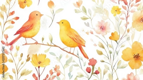 Fototapeta Watercolor birds on branch, floral background, seamless pattern, textile design