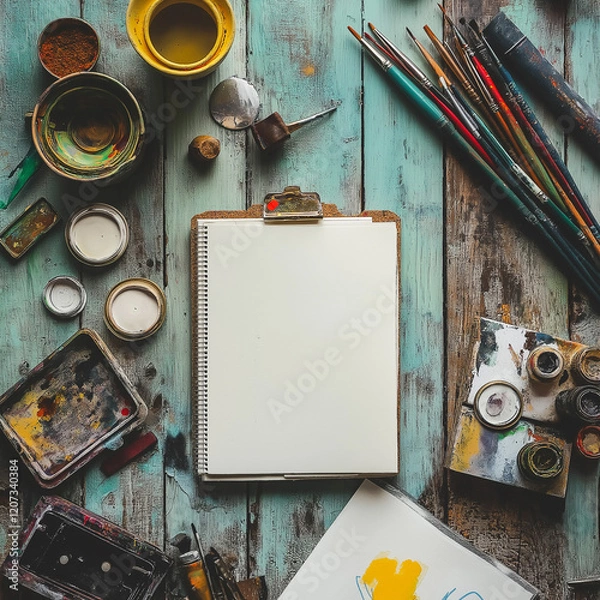 Fototapeta Artist's Workspace with Art Suplies on Wooden Table