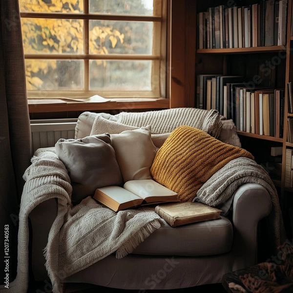 Fototapeta Cozy Reading Nook with a Sofa, Books and Plants
