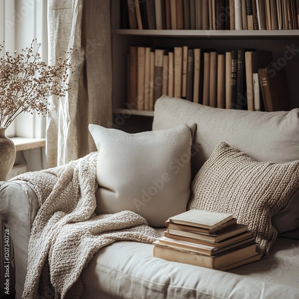 Fototapeta Cozy Reading Nook with a Sofa, Books and Plants
