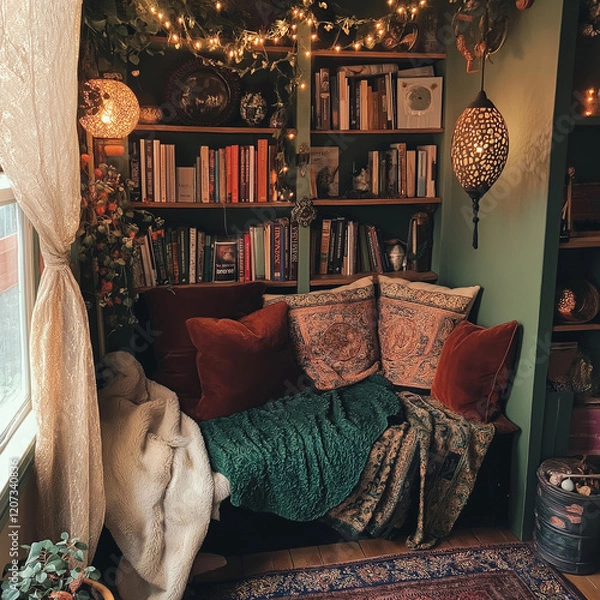 Fototapeta Cozy Book Nook Library in Boho style