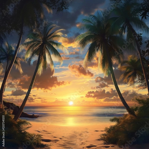 Fototapeta Sunset Paradise Background with Tropical  Palm Trees and Ocean Beach