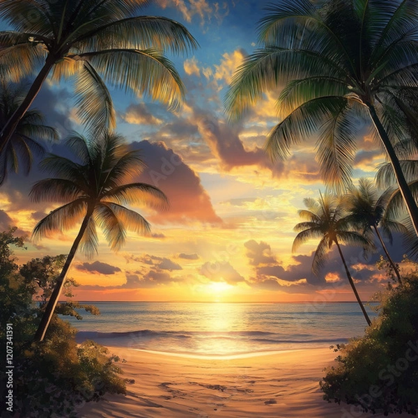 Fototapeta Sunset Paradise Background with Tropical  Palm Trees and Ocean Beach