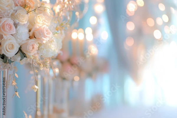 Fototapeta Elegant Wedding Table Setting Romantic Centerpiece with Bokeh Lights