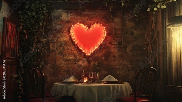 Fototapeta Romantic candlelit dinner setting with glowing heart decoration