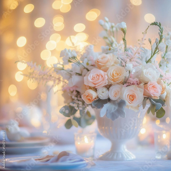 Fototapeta Elegant Wedding Table Setting Romantic Centerpiece with Bokeh Lights
