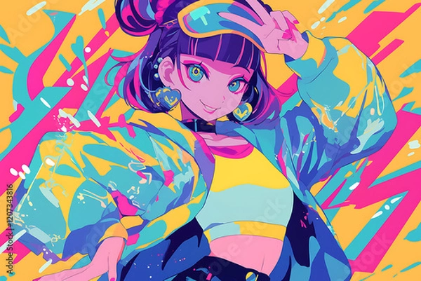Fototapeta A vibrant digital illustration of a stylish girl in colorful streetwear, posing playfully against a bright abstract background