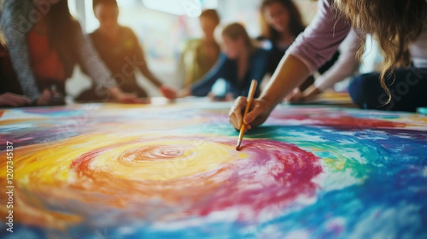 Obraz Group art therapy Painting session with participants painting a colorful spiral on a large canvas 