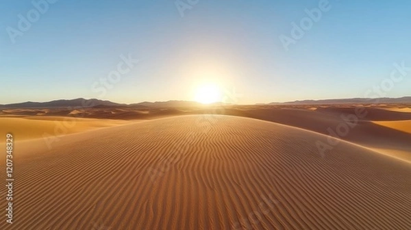 Fototapeta Breathtaking Sunrise Over Expansive Desert Dunes with Gentle Ripples and Clear Sky in the Background, Showcasing Natural Beauty and Tranquility of Arid Landscapes