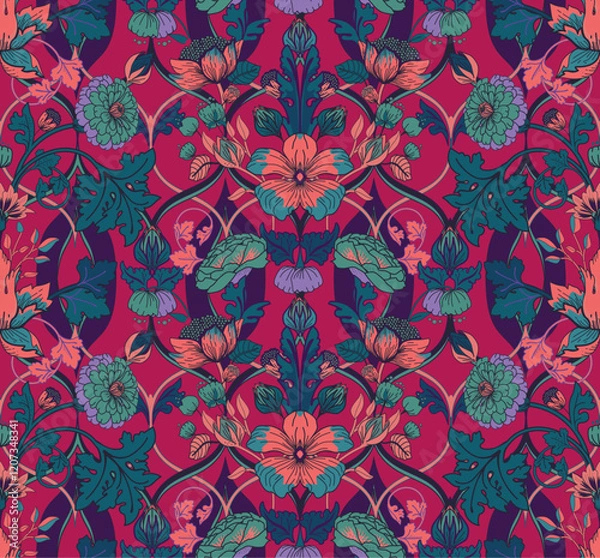Fototapeta Seamless vintage twisted pattern with flowers and leaves in modern baroque