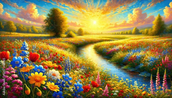 Fototapeta 希望に満ちた春の小川と草花のハーモニー。
癒しと安らぎを届ける春の風景。
解放感を表現した空と大地。
色彩が織りなす幸福のパノラマ。
喜びと希望を描いた色鮮やかな風景。
Generated by AI.
