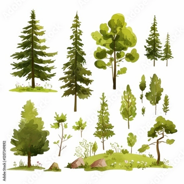 Fototapeta Watercolor Collection of Diverse Green Trees Conifers and Bushes for Nature Design