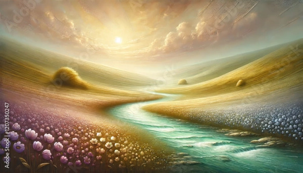 Fototapeta 希望に満ちた春の小川と草花のハーモニー。
癒しと安らぎを届ける春の風景。
解放感を表現した空と大地。
色彩が織りなす幸福のパノラマ。
喜びと希望を描いた色鮮やかな風景。
Generated by AI.
