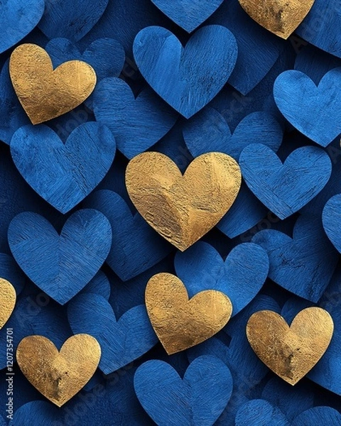 Fototapeta A vibrant background featuring blue and gold hearts, creating a striking visual contrast that symbolizes love and affection.