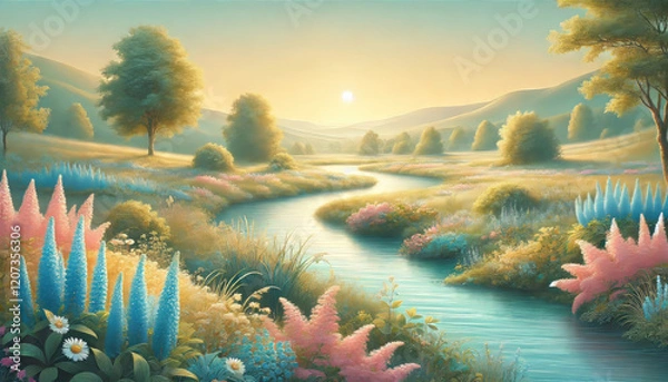 Fototapeta 希望に満ちた春の小川と草花のハーモニー。
癒しと安らぎを届ける春の風景。
解放感を表現した空と大地。
色彩が織りなす幸福のパノラマ。
喜びと希望を描いた色鮮やかな風景。
Generated by AI.
