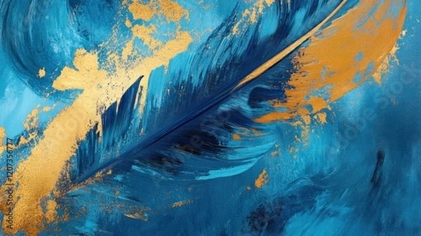 Fototapeta Blue gold feather art texture background design