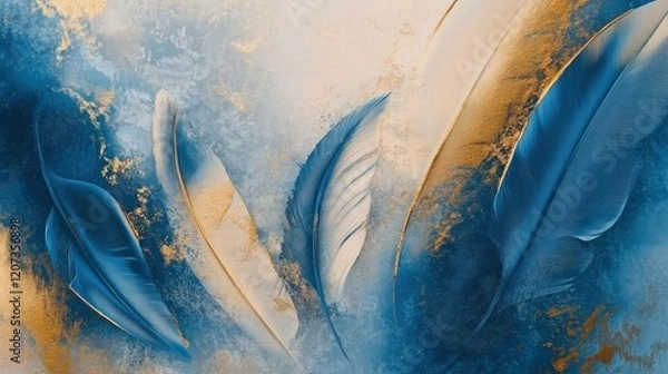 Fototapeta Blue, gold feathers float; abstract art; calming background; wall art