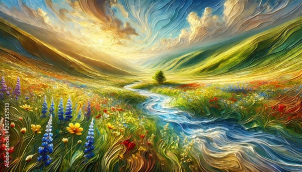 Fototapeta 希望に満ちた春の小川と草花のハーモニー。
癒しと安らぎを届ける春の風景。
解放感を表現した空と大地。
色彩が織りなす幸福のパノラマ。
喜びと希望を描いた色鮮やかな風景。
Generated by AI.
