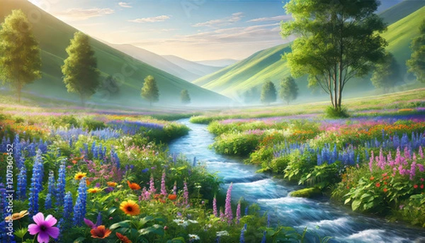 Fototapeta 希望に満ちた春の小川と草花のハーモニー。
癒しと安らぎを届ける春の風景。
解放感を表現した空と大地。
色彩が織りなす幸福のパノラマ。
喜びと希望を描いた色鮮やかな風景。
Generated by AI.
