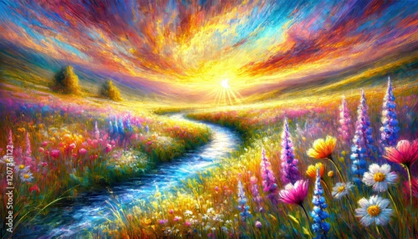 Fototapeta 希望に満ちた春の小川と草花のハーモニー。
癒しと安らぎを届ける春の風景。
解放感を表現した空と大地。
色彩が織りなす幸福のパノラマ。
喜びと希望を描いた色鮮やかな風景。
Generated by AI.
