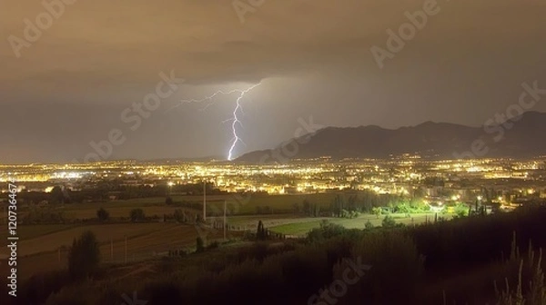 Fototapeta Night cityscape with lightning strike over mountains.
