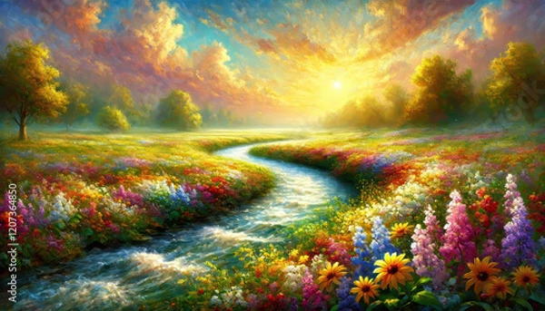 Fototapeta 希望に満ちた春の小川と草花のハーモニー。
癒しと安らぎを届ける春の風景。
解放感を表現した空と大地。
色彩が織りなす幸福のパノラマ。
喜びと希望を描いた色鮮やかな風景。
Generated by AI.
