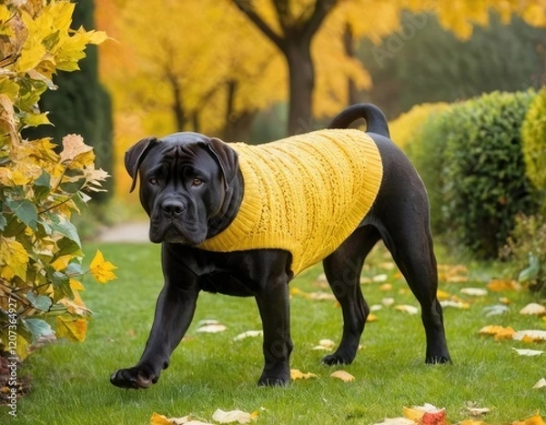 Fototapeta A black dog that is wearing a bright yellow sweater is standing on the grass