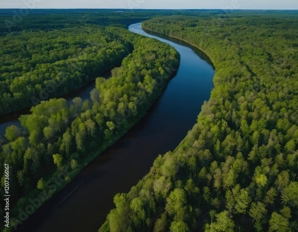 Fototapeta An aerial view showcases a beautiful river that is surrounded by lush trees