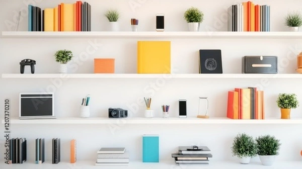Fototapeta A clean and minimalistic interior showcasing a mix of colorful miscellaneous goods, including modern gadgets, books, and small potted plants, on sleek white shelves.