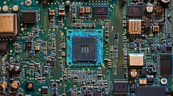 Fototapeta A detailed close-up of a central processing unit (CPU) on a circuit board, with blue and green PCB traces, surrounded by transistors and other electronic components.