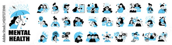 Obraz Mental health and psychology concept illustration set.