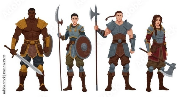 Fototapeta Diverse fantasy warriors in armor with weapons illustrating strength and unity