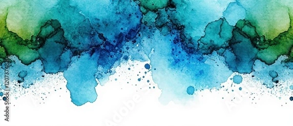 Fototapeta Blue Green Watercolor Paint Splash Background with Fringe Bleed Wash and Bloom Design Vintage Watercolor Paper Texture with Blobs of Paint and Textured Grain. Made with generative AI