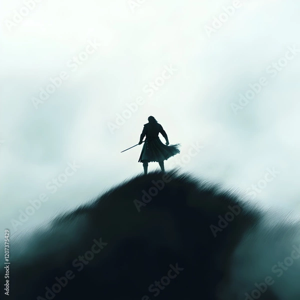 Fototapeta A Scottish highlander gripping his claymore, standing atop a misty hill as the wind roars around him.