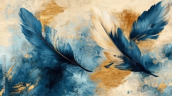 Fototapeta Blue, gold feathers float on textured canvas; wall art