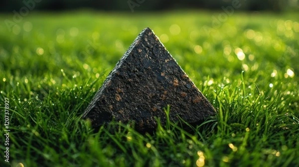 Fototapeta A triangular arrangement of black and brown stones on a vibrant green grass field, with morning dew droplets visible on the blades of grass.