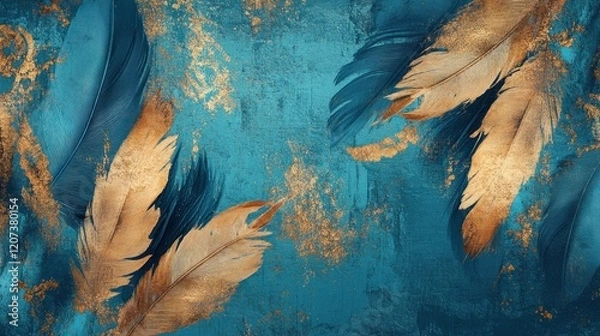Fototapeta Teal gold feathers texture background design