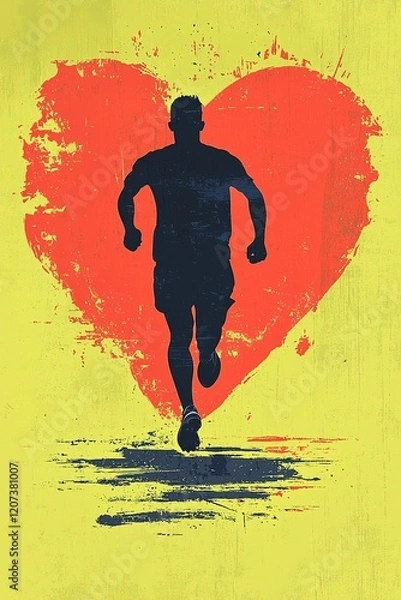Fototapeta A silhouette of a runner in front of a large heart graphic, symbolizing love for fitness and health against a vibrant yellow background.