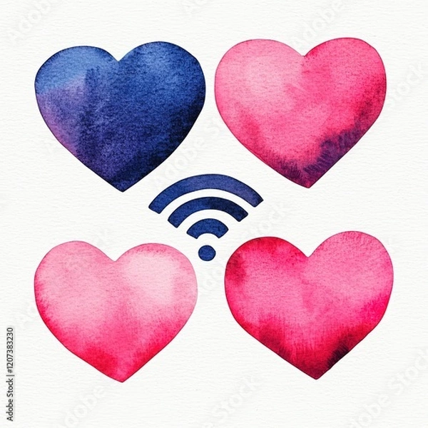 Fototapeta A vibrant watercolor illustration featuring hearts in various colors surrounding a Wi-Fi symbol, symbolizing love and connectivity.