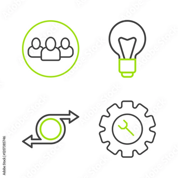 Fototapeta Set line Wrench and gear, Arrow, Light bulb and Project team base icon. Vector