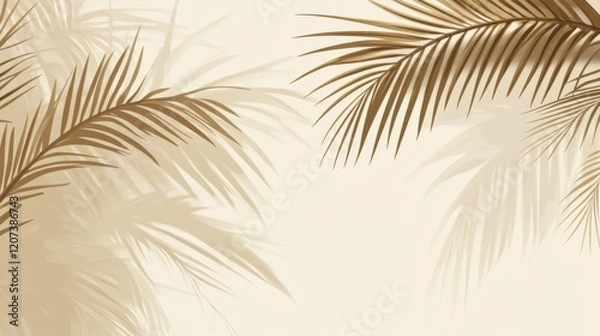 Fototapeta A soft shadow of palm tree branches gracefully swaying on a beige background, creating a calming and minimalistic tropical vibe