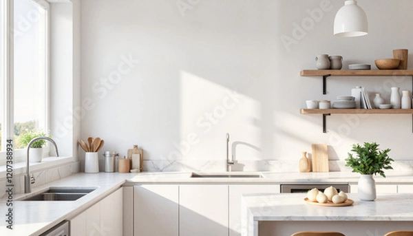 Obraz Minimalist kitchen with pristine white counters, contemporary design