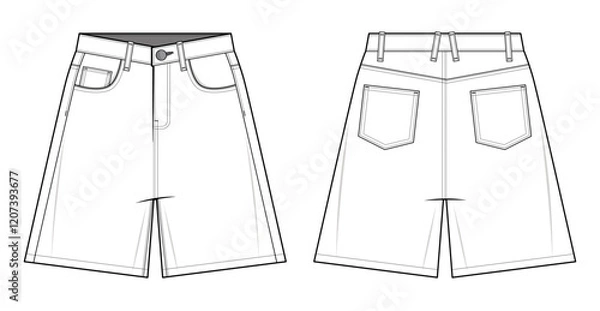 Fototapeta Denim shorts technical fashion illustration. Retro Jorts fashion vector template. Front and back view. Casual Streetwear.  Baggy loose fit. Men’s wear. CAD mockup set.