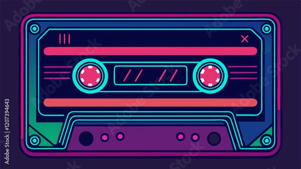 Fototapeta Retro cassette tape with vibrant neon highlights for modern digital design