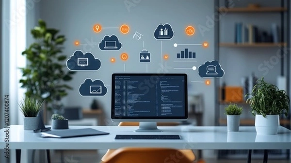 Fototapeta A modern office utilizing cloud-based CRM software to enhance business operations