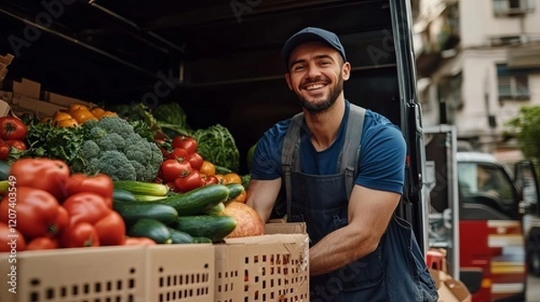 Fototapeta Fresh Vegetables Delivery: Smiling Driver Unloading Groceries from Delivery Van in Urban Setting