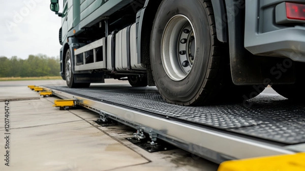 Fototapeta Large Truck Being Weighed at Logistics Service Check Station for Transportation Management