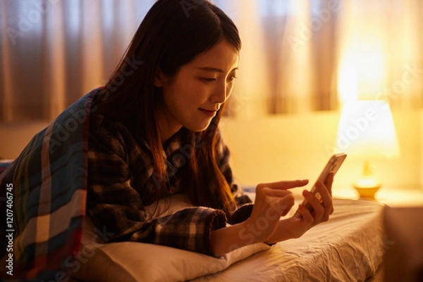 Fototapeta 夜の寝室でスマートフォンを使用する日本人の女性